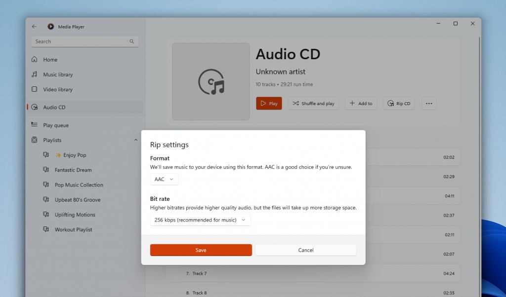 Media Player audio CD ripping settings in Windows 11 with format and bit rate