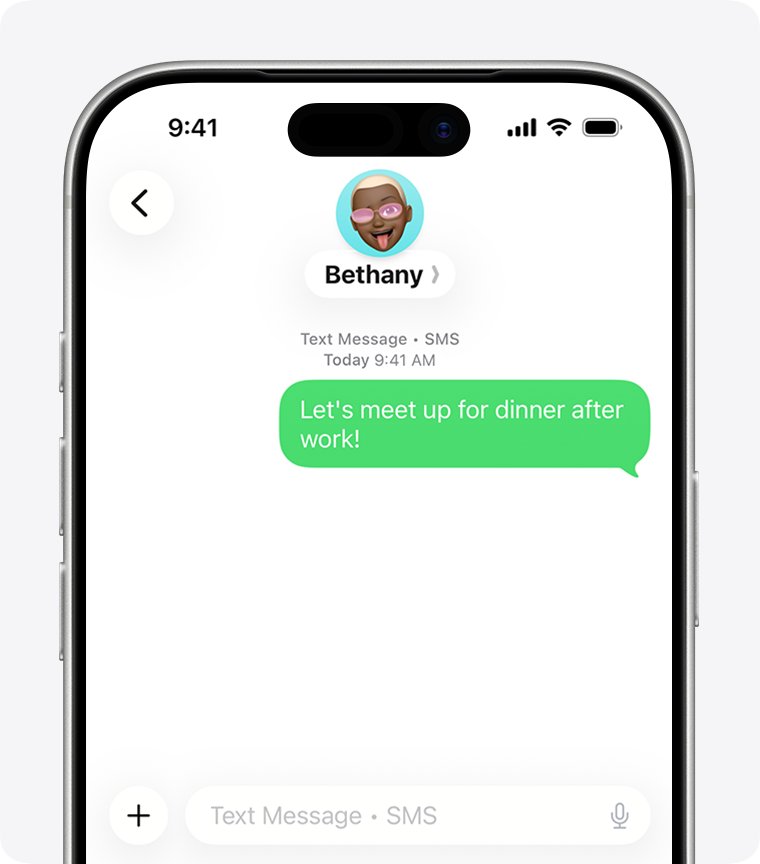Messages conversation with a green bubble labelled Text Message SMS
