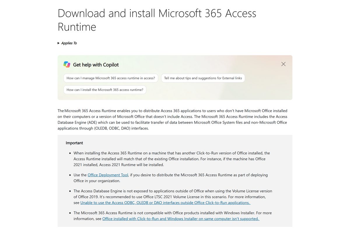 Microsoft support page with free Access Runtime 32-bit and 64-bit downloads