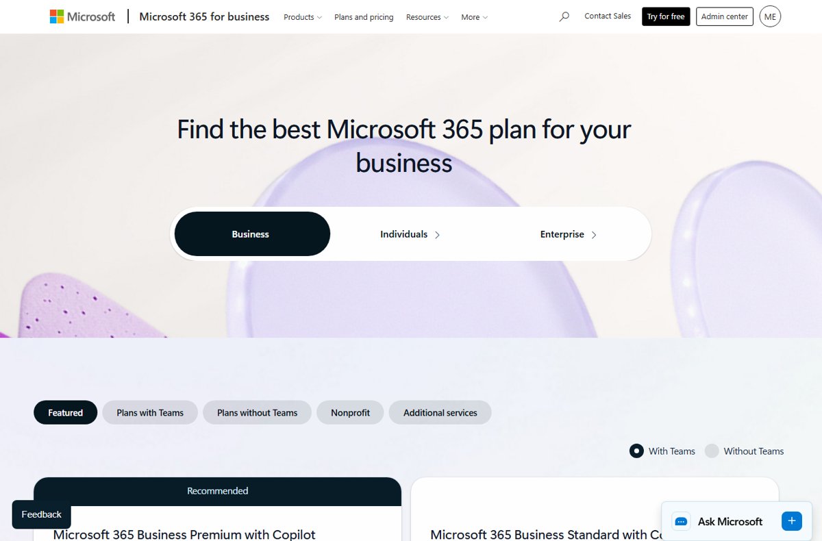 Microsoft 365 Business Standard with Copilot on the business plans page