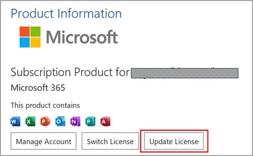 Microsoft 365 Product Information panel with the Update License button highlighted