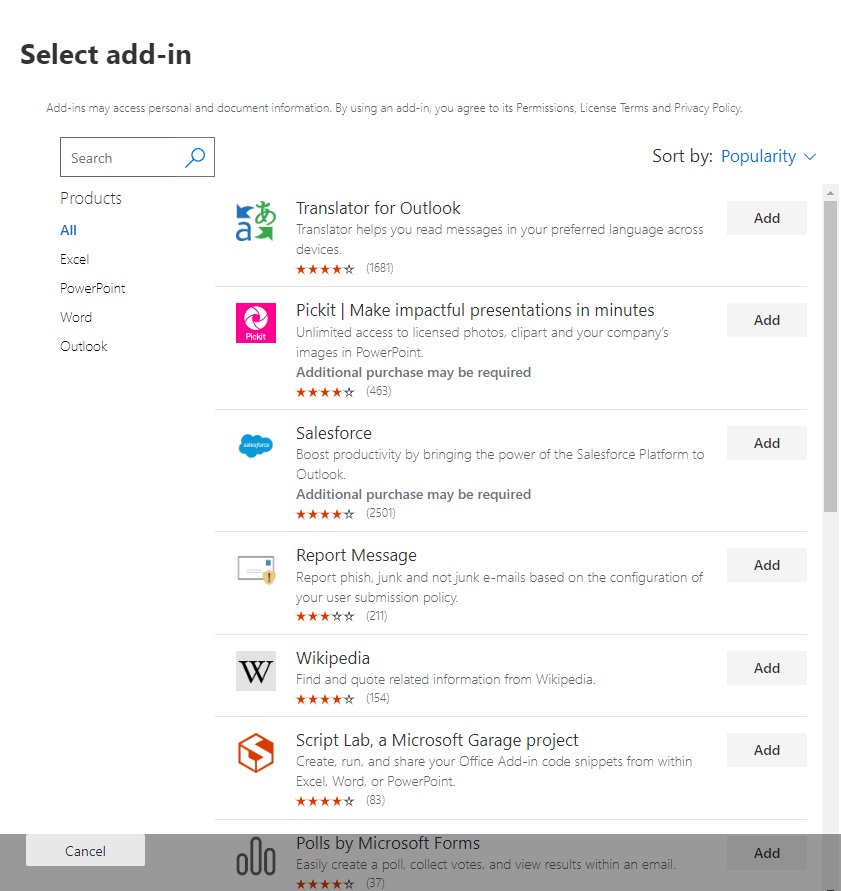 Microsoft 365 admin center Select add-in page listing store add-ins