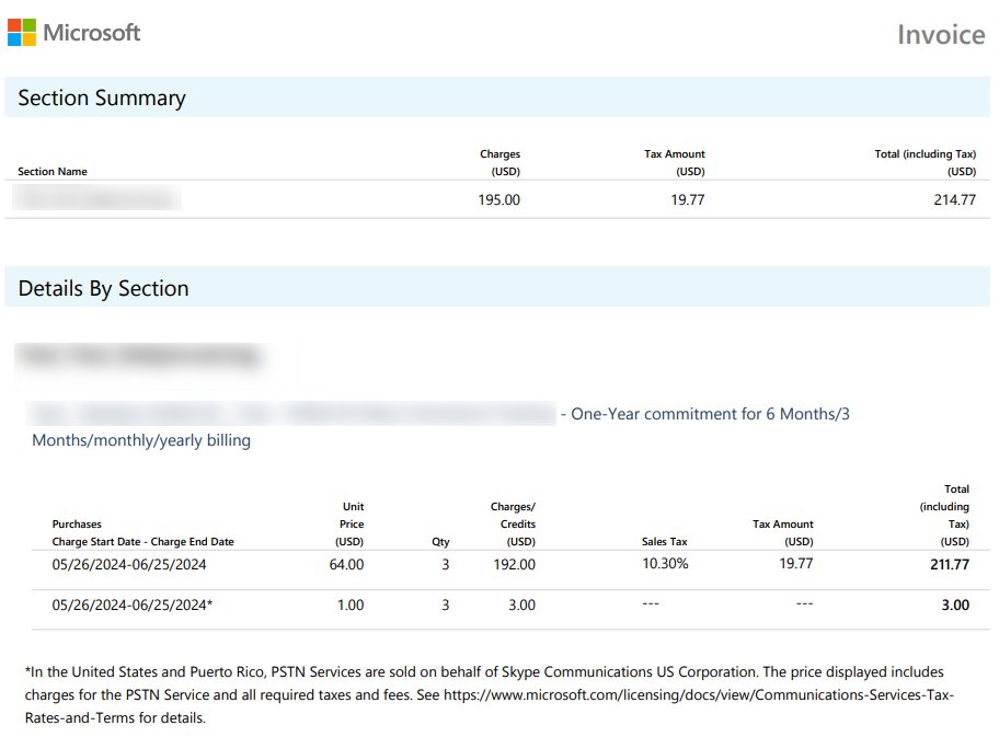 Microsoft 365 invoice PDF page two with Section Summary and Details By Section