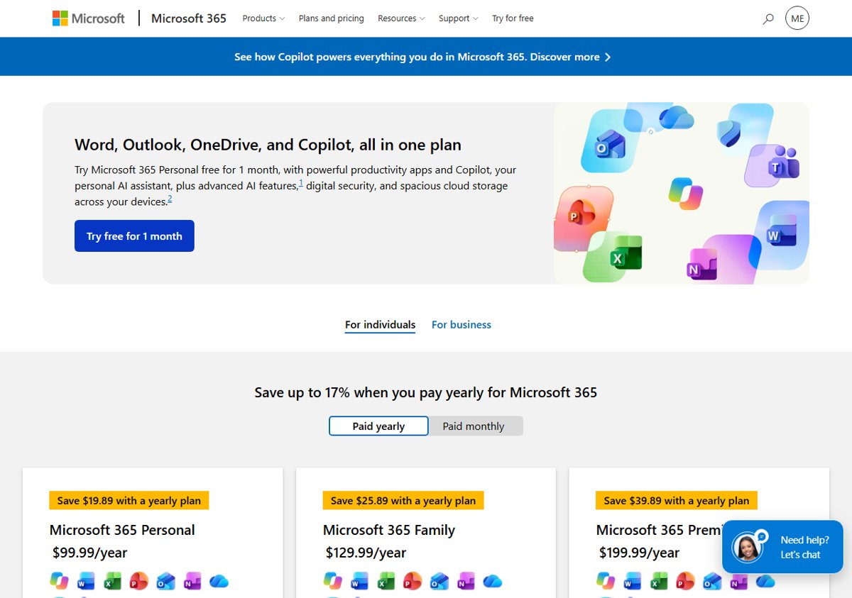 Microsoft 365 plans page with Personal, Family and Premium prices and the one-month free trial that includes the Word desktop app
