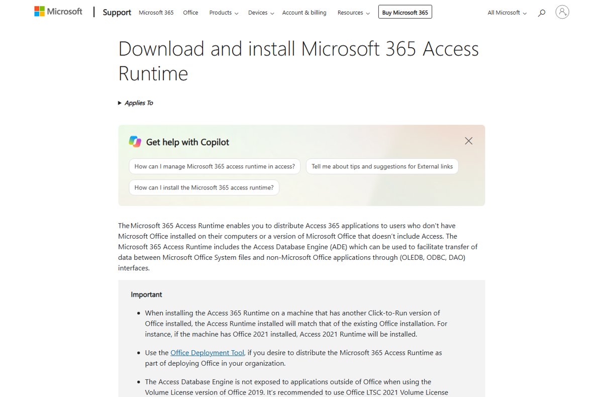 Microsoft Access free Runtime download page on Microsoft Support