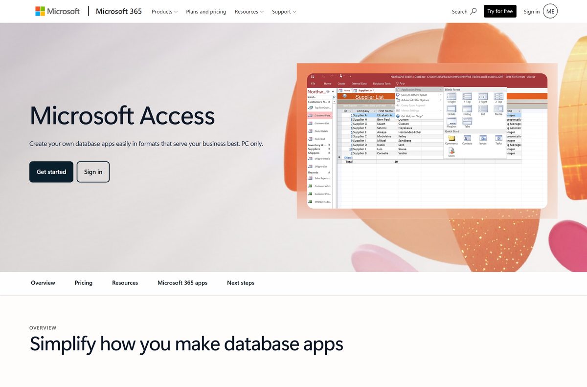 Microsoft Access product page noting the app is for PC only