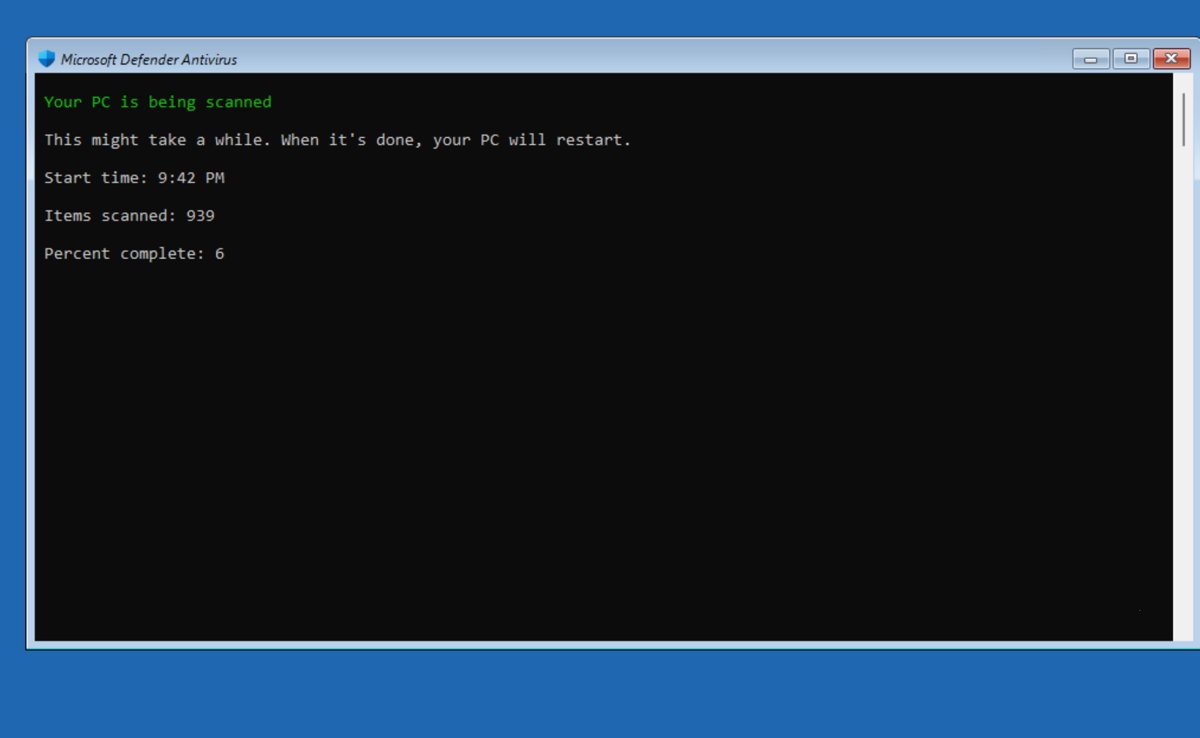 Microsoft Defender Offline scan status screen showing items scanned and percent complete