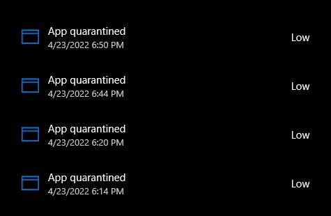Microsoft Defender protection history alerts: App quarantined entries with Low severity
