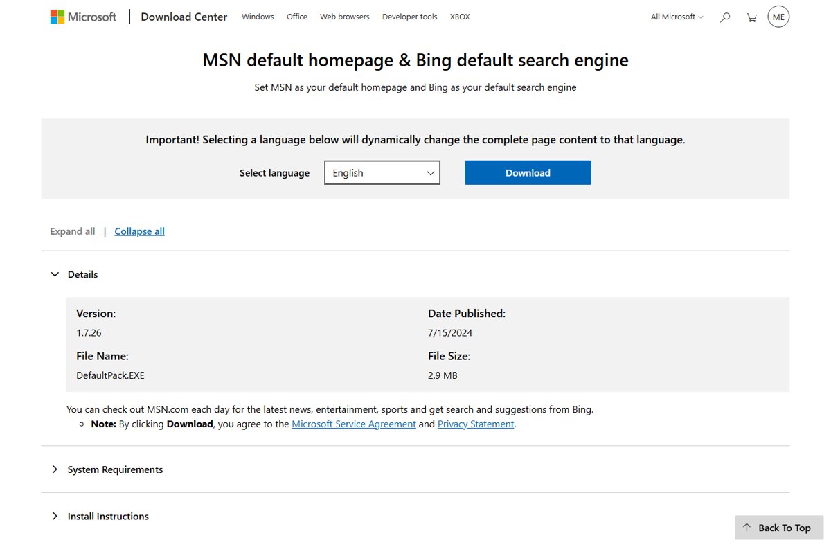 Microsoft Download Center page for MSN default homepage and Bing default search engine showing version 1.7.26