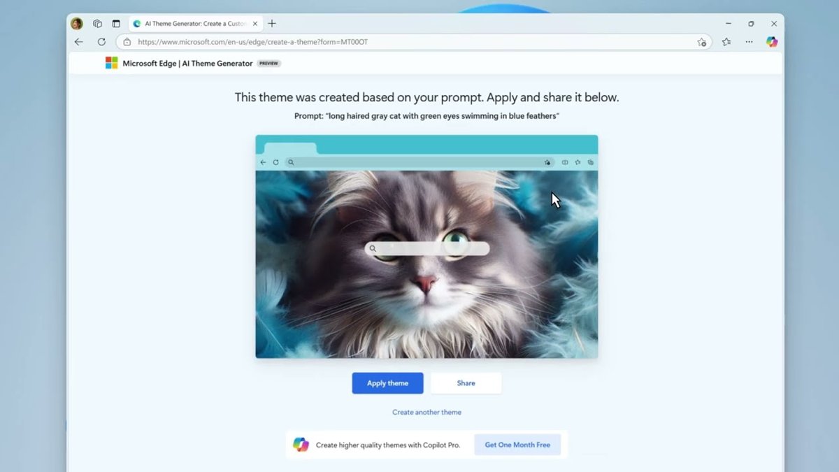 Microsoft Edge AI Theme Generator previewing a custom cat theme with Apply theme button