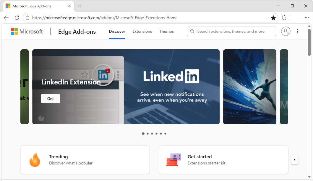 Microsoft Edge Add-ons website with Discover, Extensions and Themes tabs