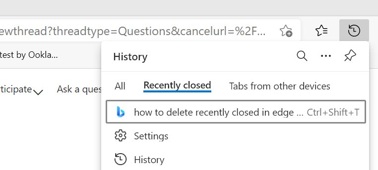 Microsoft Edge History menu open on the Recently closed tab