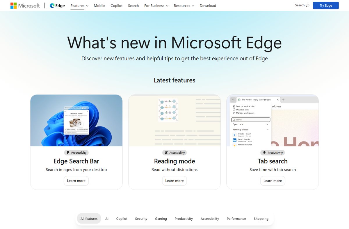 Microsoft Edge features page showing Edge Search Bar, Reading mode and Tab search