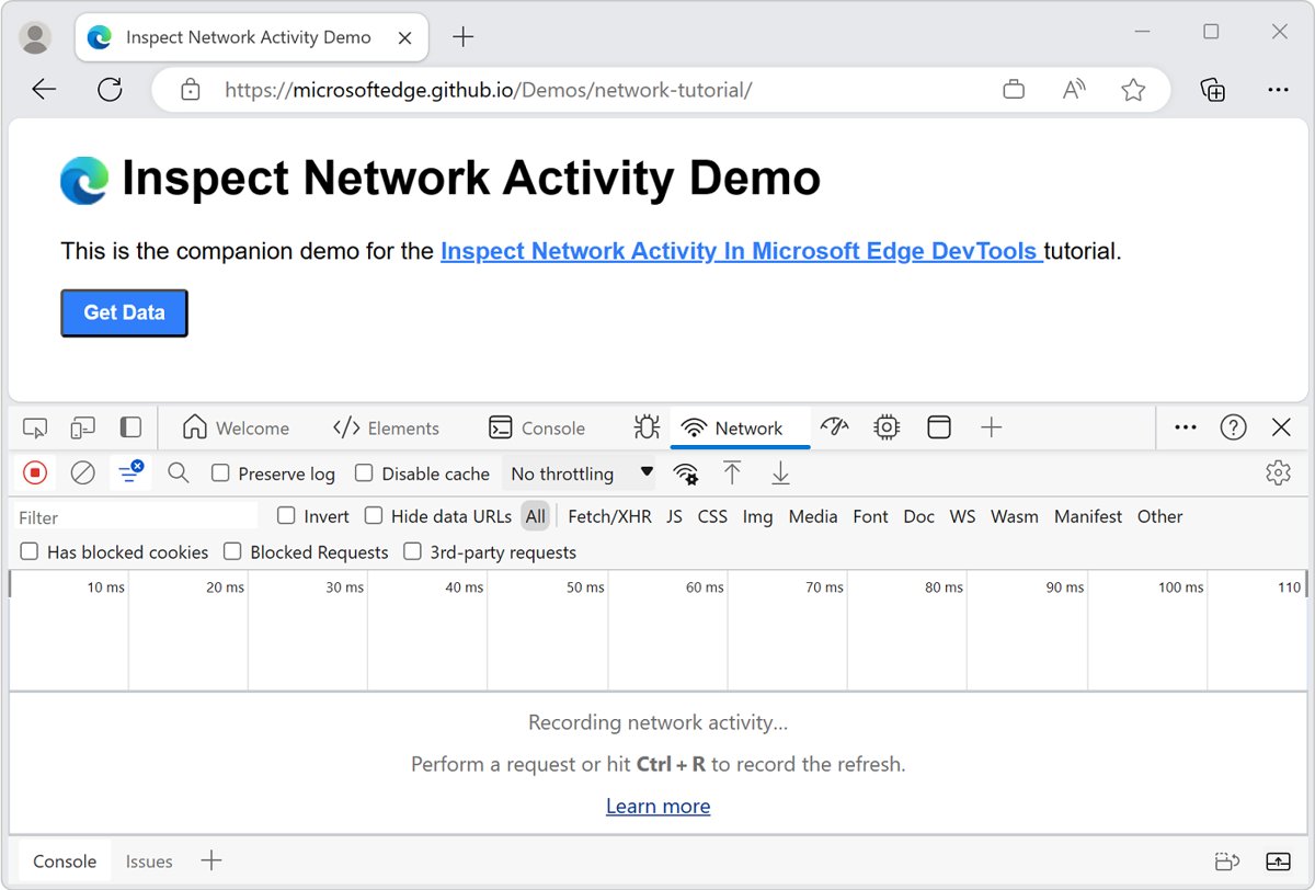 Microsoft Edge with DevTools Network tool open below a demo page