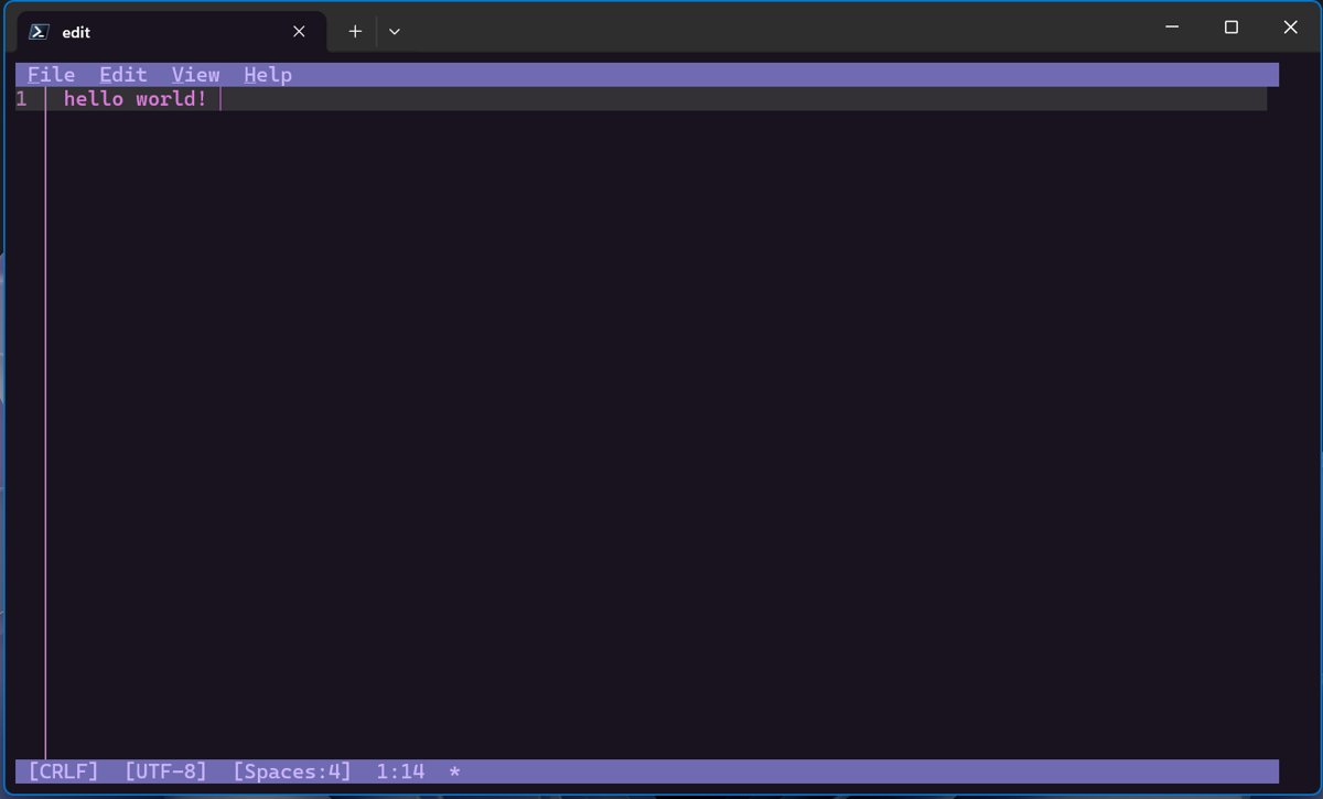 Microsoft Edit terminal text editor with File, Edit, View and Help menus