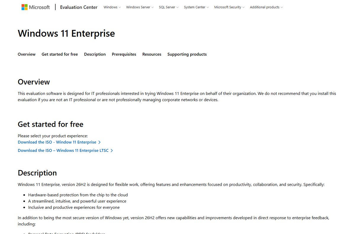 Microsoft Evaluation Center page for Windows 11 Enterprise with ISO download links