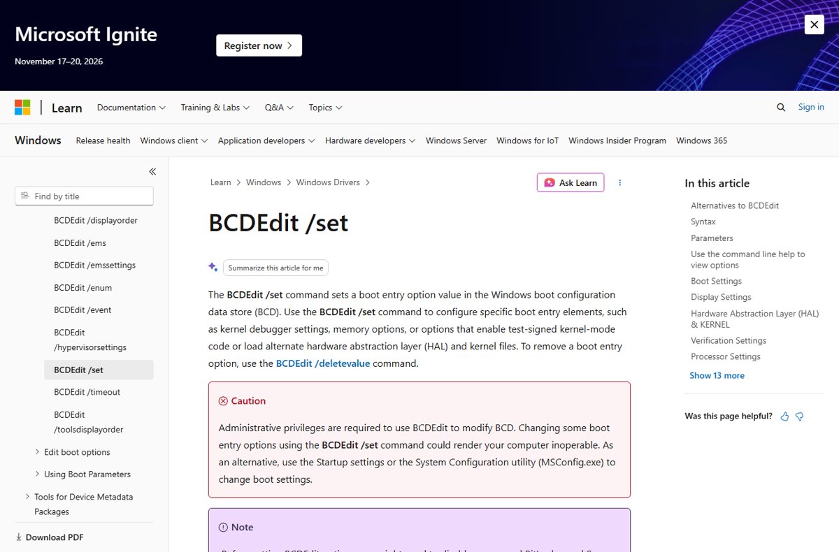 Microsoft Learn BCDEdit /set reference page with administrator caution