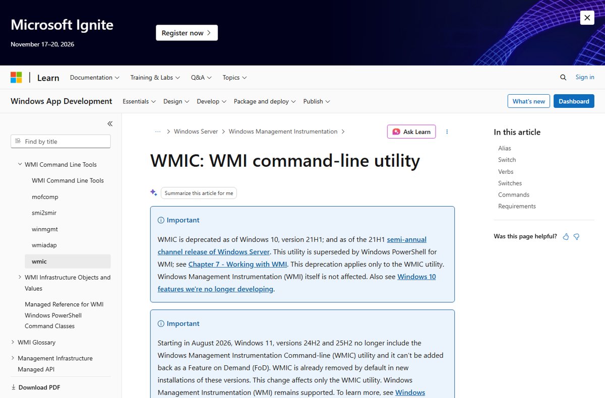 Microsoft Learn WMIC page with deprecation and removal notices