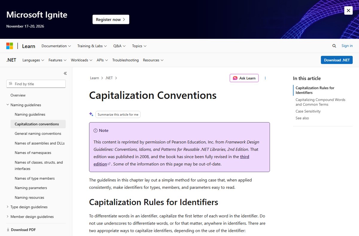 Microsoft Learn capitalization conventions page for .NET identifiers