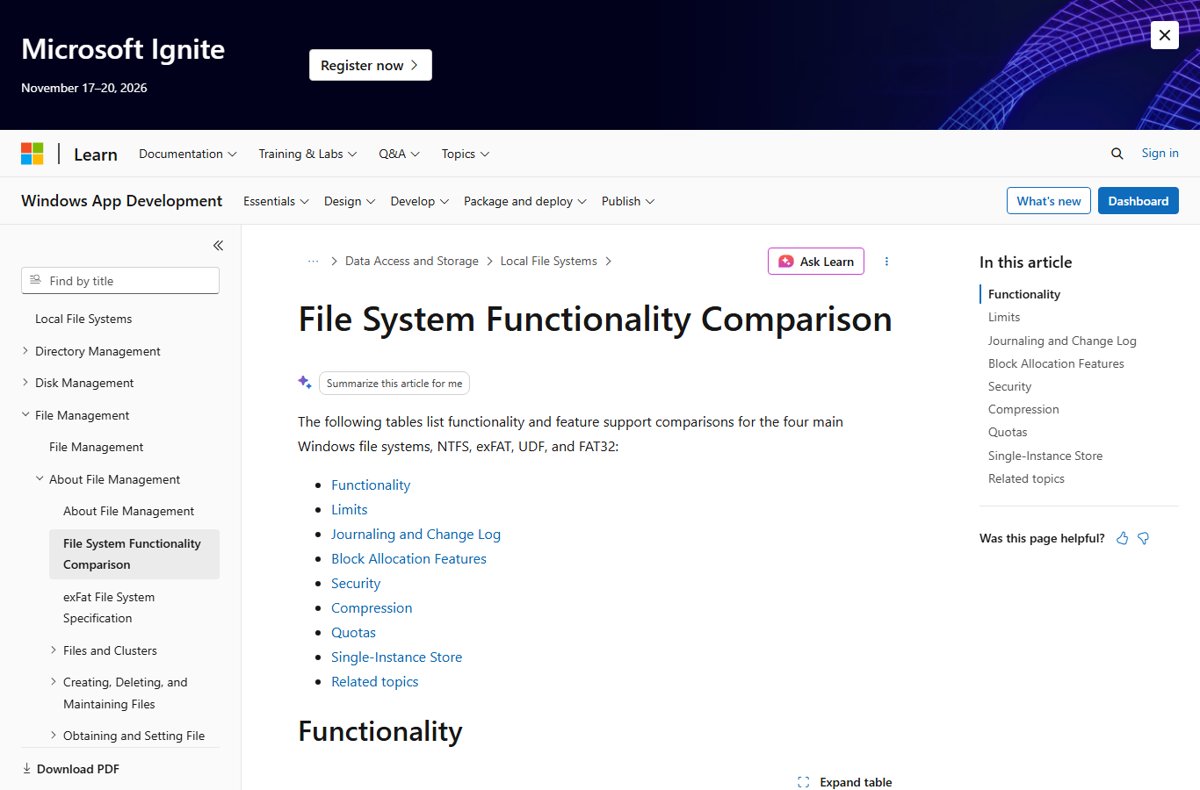 Microsoft Learn file system functionality comparison page for NTFS, exFAT, UDF and FAT32