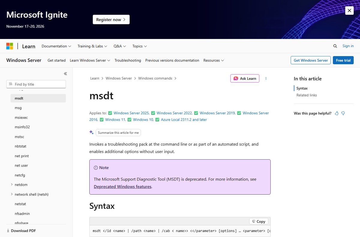 Microsoft Learn msdt command page with a note that MSDT is deprecated