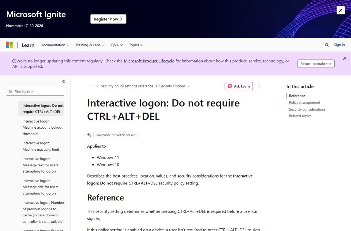 Microsoft Learn page for the Interactive logon: Do not require CTRL+ALT+DEL policy