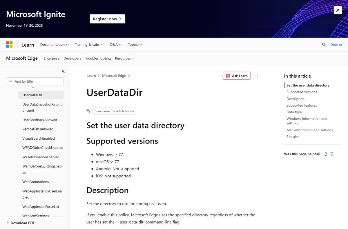 Microsoft Learn policy page for the Edge UserDataDir user data directory setting