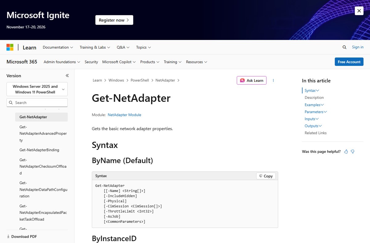Microsoft Learn reference for the Get-NetAdapter cmdlet and its Physical parameter