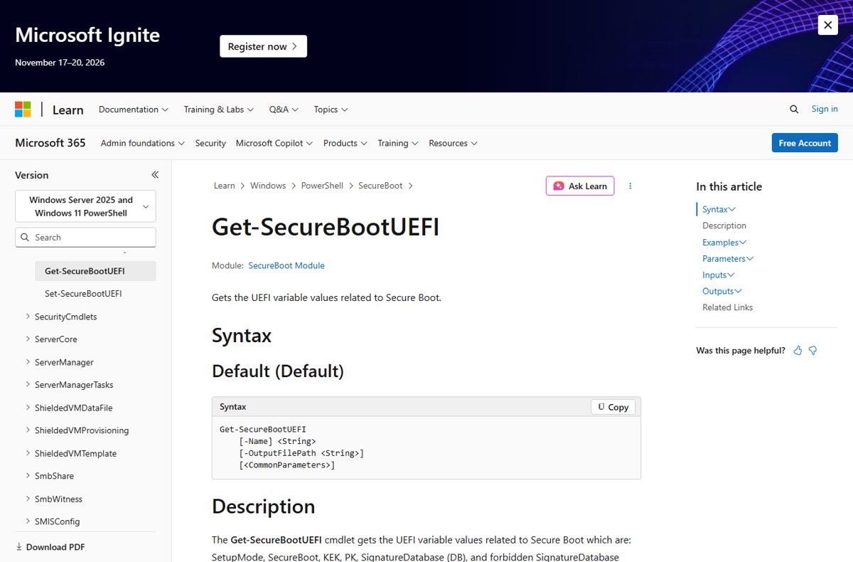 Microsoft Learn reference page for the Get-SecureBootUEFI cmdlet syntax