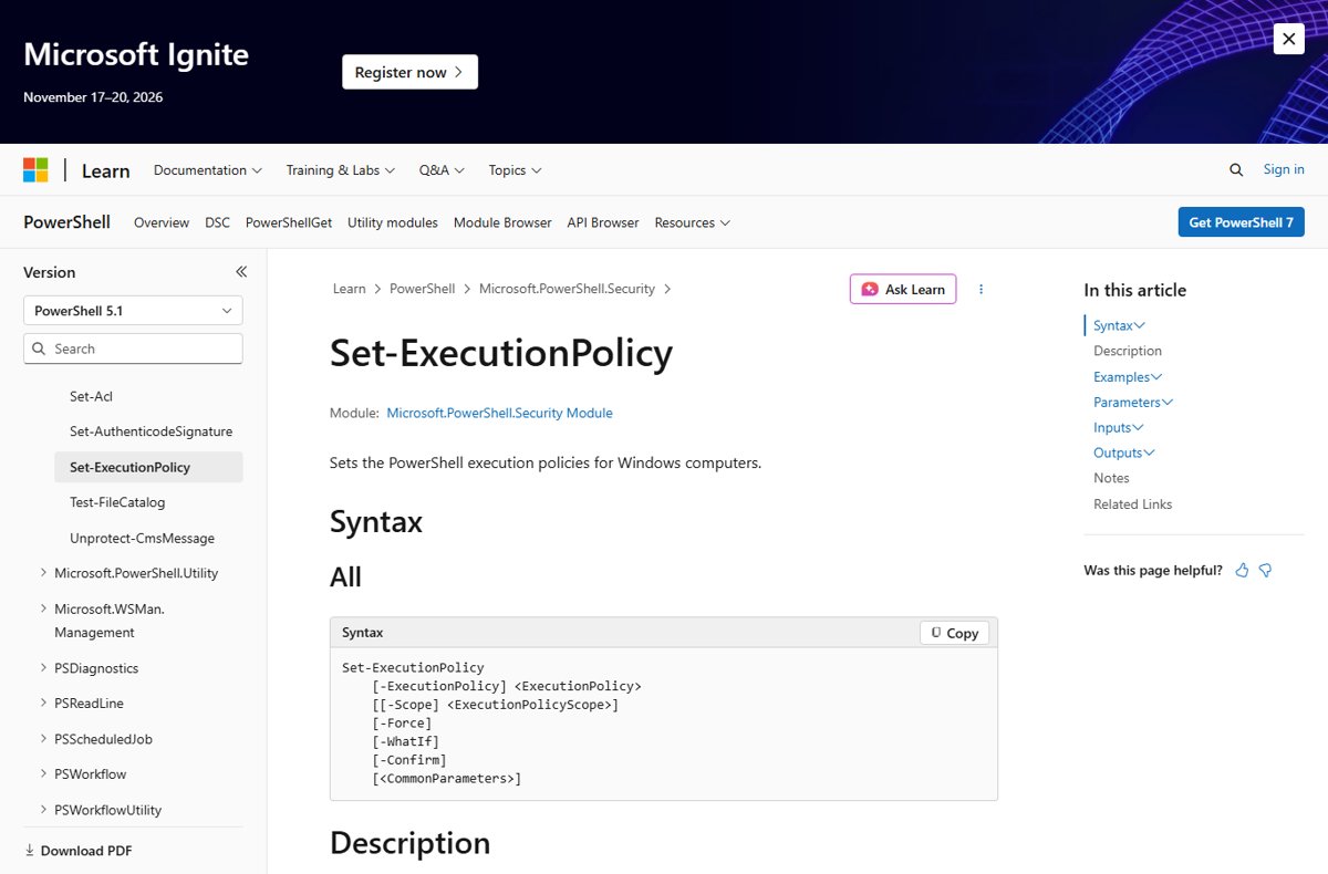 Microsoft Learn reference page for the Set-ExecutionPolicy cmdlet with its syntax