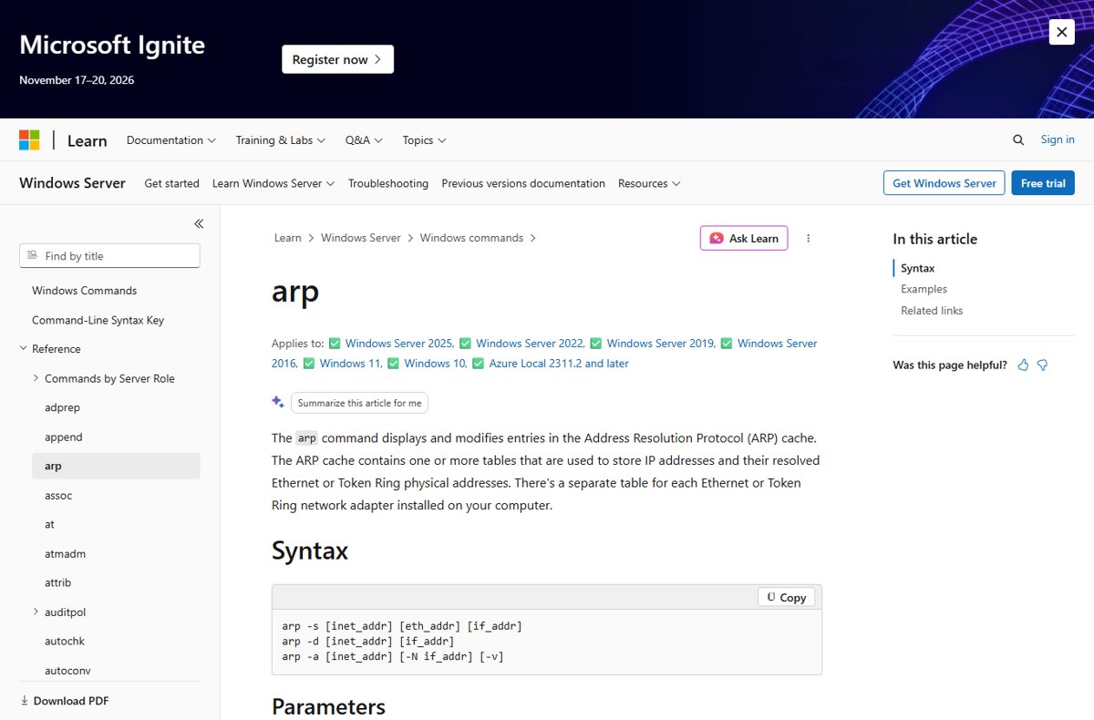 Microsoft Learn reference page for the arp command and its syntax