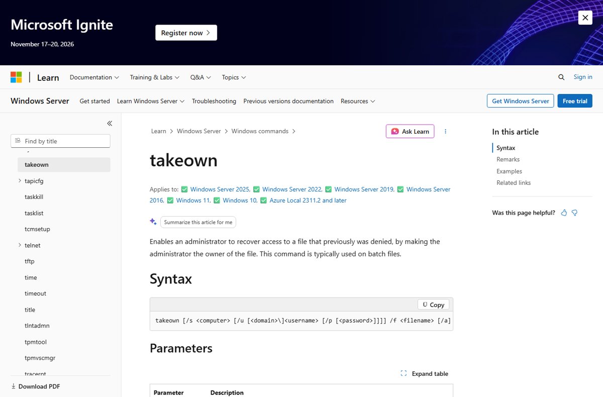 Microsoft Learn reference page for the takeown command and its syntax