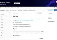 Microsoft Learn xcopy reference page showing the command syntax