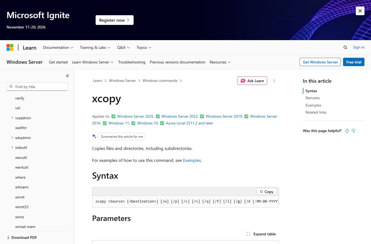 Microsoft Learn xcopy reference page showing the command syntax