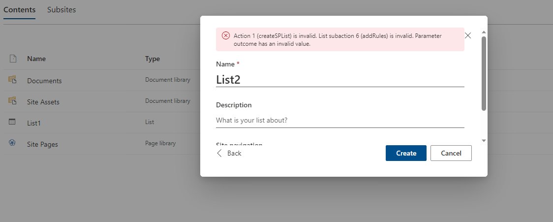 Microsoft Lists creation problem showing an invalid action error on Create