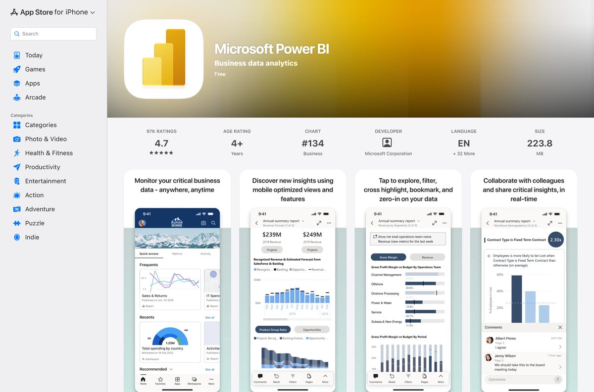 App Store listing for the Microsoft Power BI mobile app