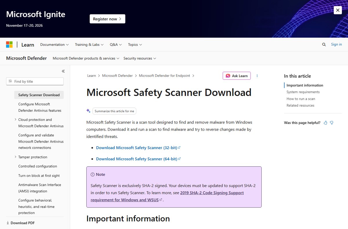 Microsoft Safety Scanner download for virus removal as a second opinion