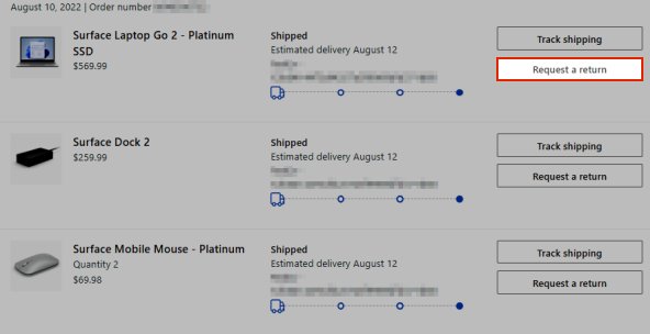 Microsoft Store order history listing Surface items with Request a return buttons