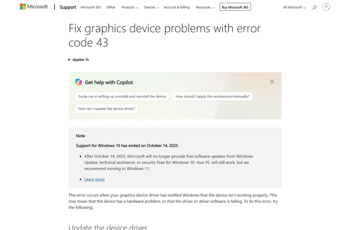 Microsoft Support article on fixing graphics device problems with error code 43