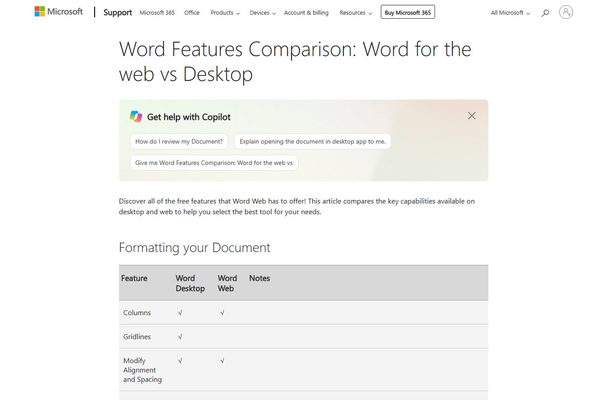 Microsoft Support comparison of Word for the web and the Word desktop app features