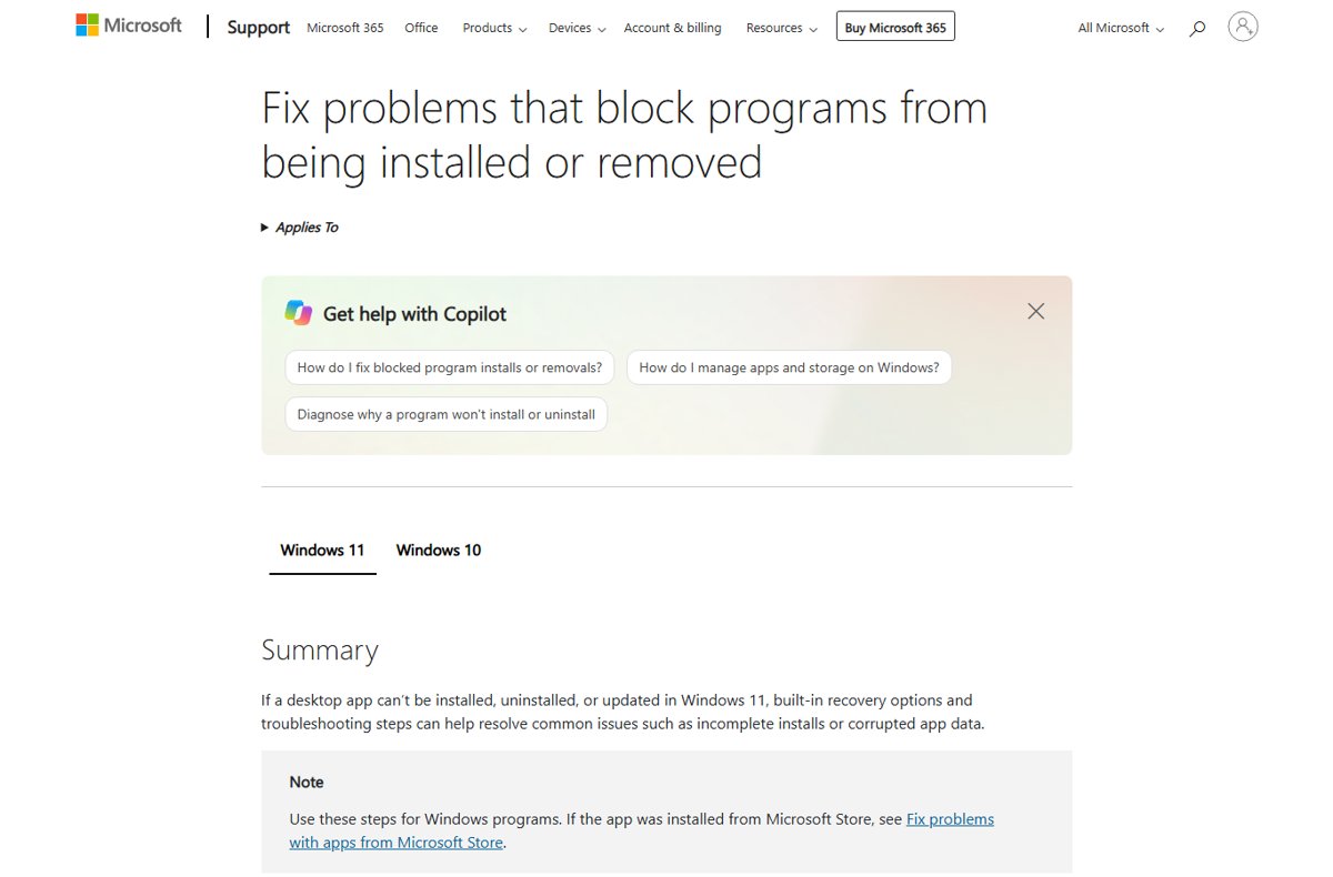 Microsoft Support page for fixing programs blocked from being installed or removed