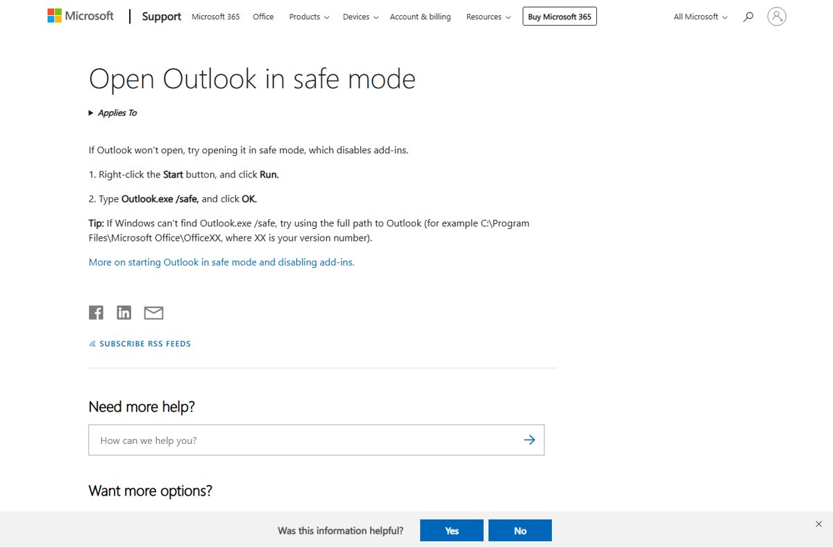 Microsoft Support page for opening Outlook in safe mode with the Run command