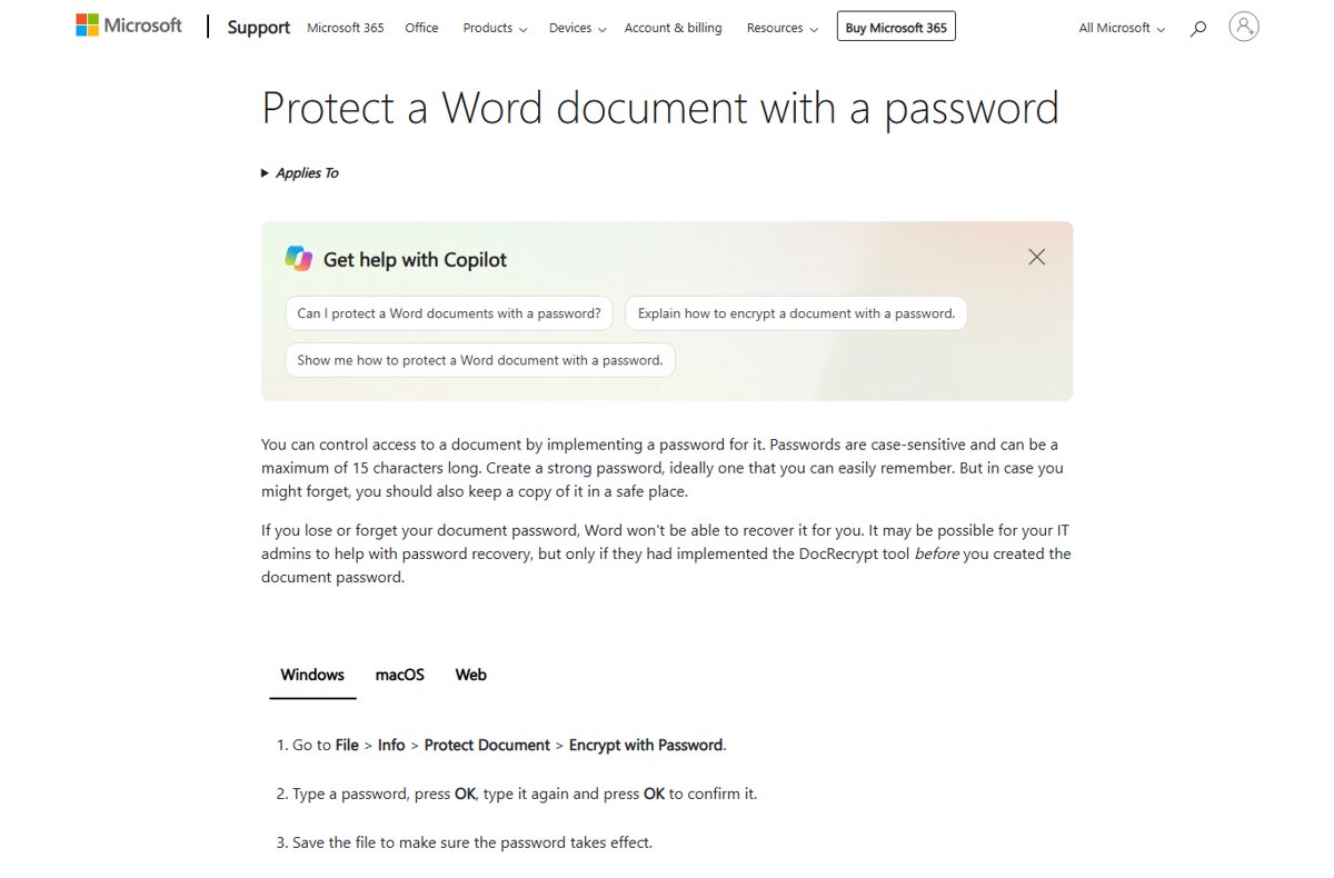 Microsoft Support page for protecting a Word document with a password