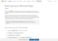 Microsoft Support page listing the steps to block pop-ups in Edge