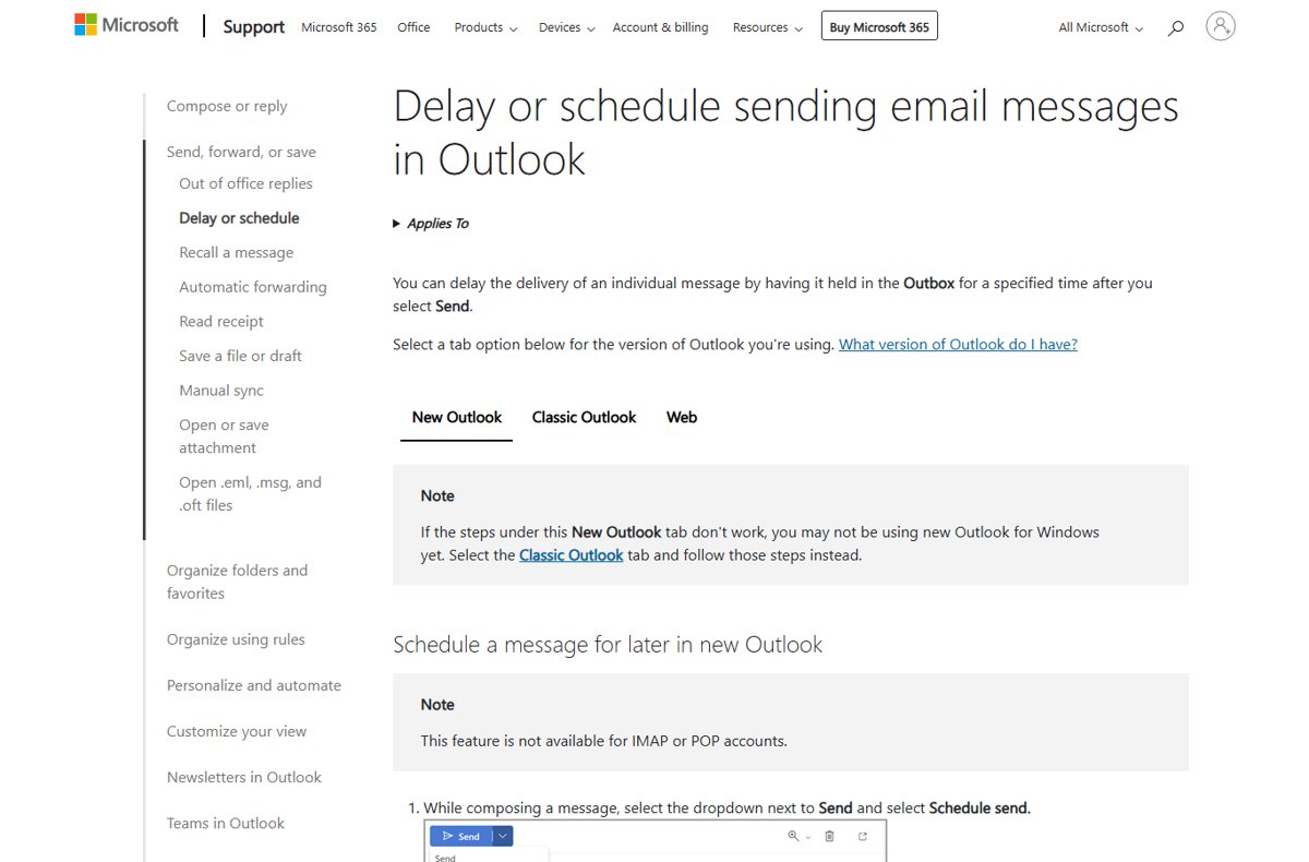 Microsoft Support page on delaying or scheduling email with Outlook version tabs