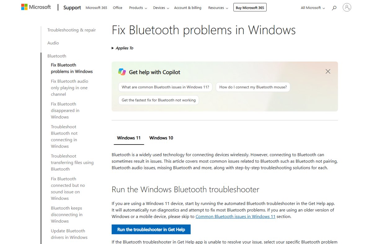 Microsoft Support page on fixing Bluetooth problems with Windows 11 and Windows 10 tabs