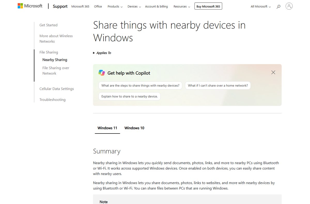 Microsoft Support page on nearby sharing with Windows 11 and Windows 10 tabs