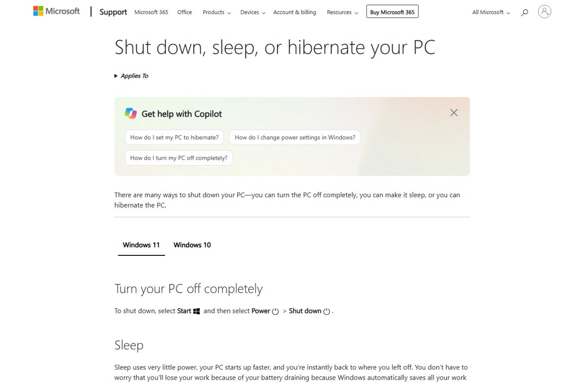 Microsoft Support page on shutting down, sleeping or hibernating a PC in Windows 11