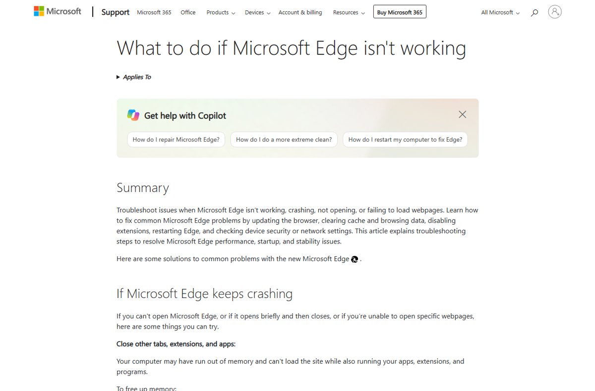 Microsoft Support page titled What to do if Microsoft Edge isn't working
