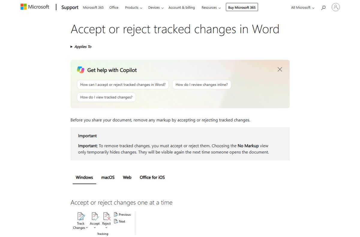 Microsoft Support page with Word's Tracking group showing Accept, Reject, Previous and Next